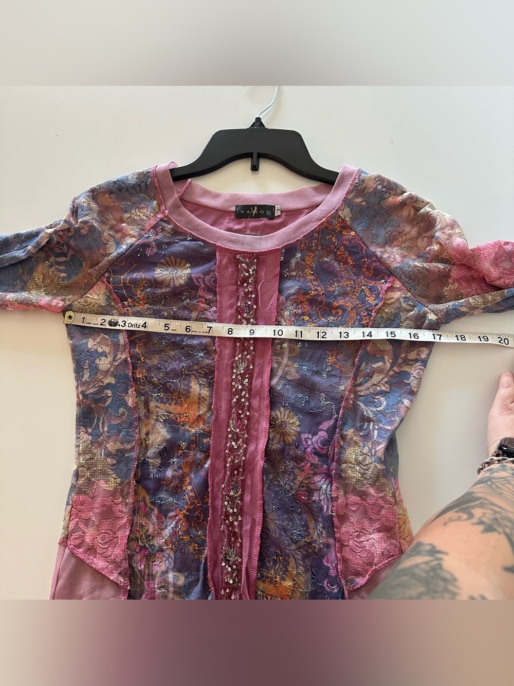 NEW Vintage Y2K Vango Paris Patchwork Lace Fairycore Blouse Sequin Sheer Pink - Picture 4 of 8